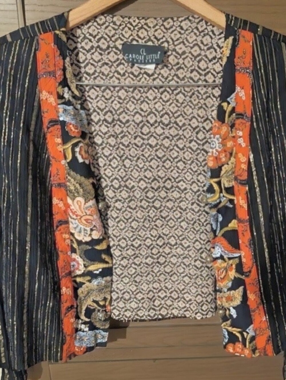 Vintage Carole Little Red/Gold Floral & Striped Cropped Open Jacket Size 10 - Picture 11 of 11